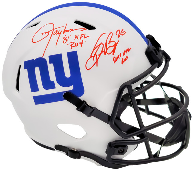 Lawrence Taylor & Saquon Barkley Autographed New York Giants Lunar Eclipse White Full Size Replica Speed Helmet "NFL ROY" Beckett BAS QR Stock #202989