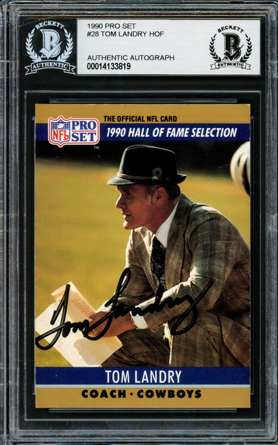 Tom Landry Autographed 1990 Pro Set Card #28 Dallas Cowboys Beckett BAS #14133819