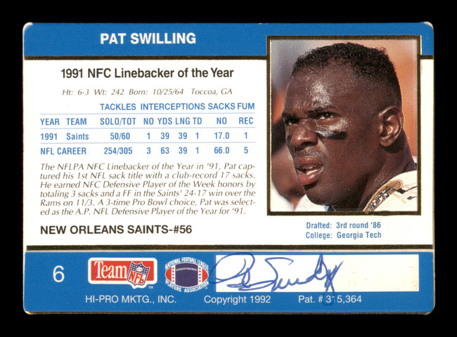 Pat Swilling Autographed 1992 Action Packed 24-KT Card #6 New Orleans Saints SKU #204027