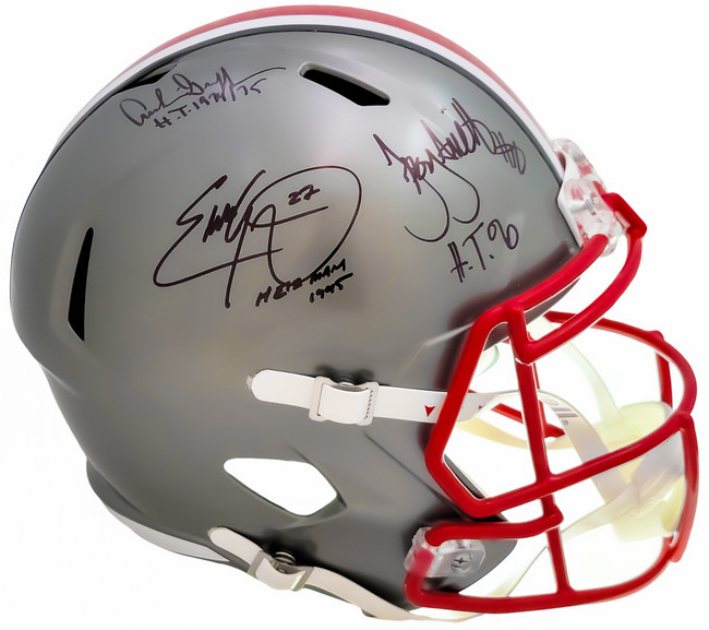 Archie Griffin, Eddie George & Troy Smith Autographed Ohio State Buckeyes Flash Gray Full Size Replica Speed Helmet "Heisman" Beckett BAS QR Stock #203901