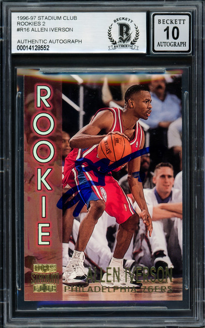 Allen Iverson Autographed 1996-97 Stadium Club Rookie Card #R16 Philadelphia 76ers Auto Grade Gem Mint 10 Beckett BAS #14128552
