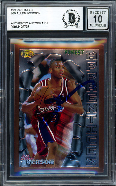 Allen Iverson Autographed 1996-97 Topps Finest Rookie Card #69 Philadelphia 76ers Auto Grade Gem Mint 10 Beckett BAS Stock #205790