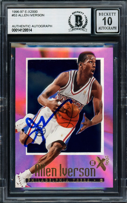 Allen Iverson Autographed 1996-97 Skybox E-X 2000 Rookie Card #53 Philadelphia 76ers Auto Grade Gem Mint 10 Beckett BAS #14128514