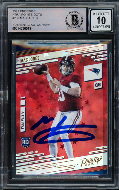 Mac Jones Autographed 2021 Panini Prestige Xtra Points Rookie Card #205 New England Patriots Auto Grade Gem Mint 10 Beckett BAS #14236019