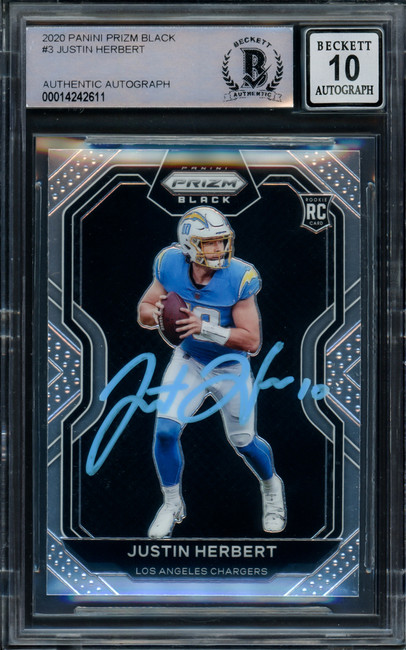 Justin Herbert Autographed 2020 Panini Prizm Black Rookie Card #PB-3 Los Angeles Chargers Auto Grade Gem Mint 10 Beckett BAS #14242611