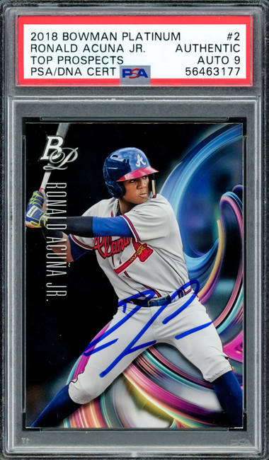 Ronald Acuna Jr. Autographed 2018 Bowman Platinum Top Prospects Rookie Card #2 Atlanta Braves Auto Grade Mint 9 PSA/DNA #56463177