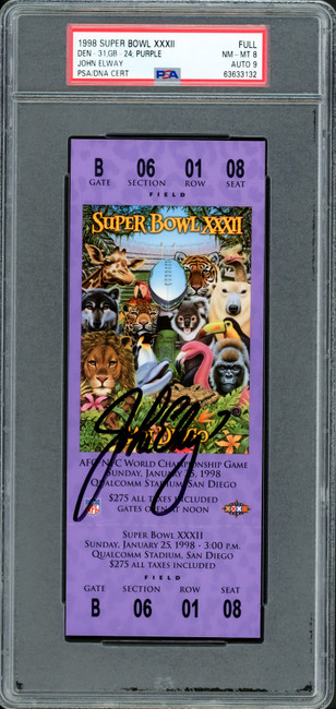 John Elway Autographed 1998 Super Bowl XXXII Ticket Denver Broncos PSA 8 Auto Grade Mint 9 PSA/DNA #63633132