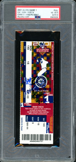 Ichiro Suzuki Autographed 2001 ALDS Game 1 Ticket Seattle Mariners PSA 4 Auto Grade Mint 9 "1st Playoff Game 3-4" PSA/DNA #63633229