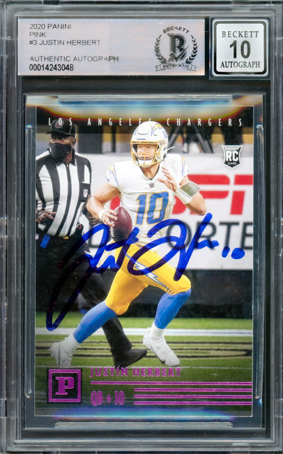 Justin Herbert Autographed 2020 Chronicles Panini Pink Parallel Rookie Card #PA-3 Los Angeles Chargers Auto Grade Gem Mint 10 Beckett BAS #14243048
