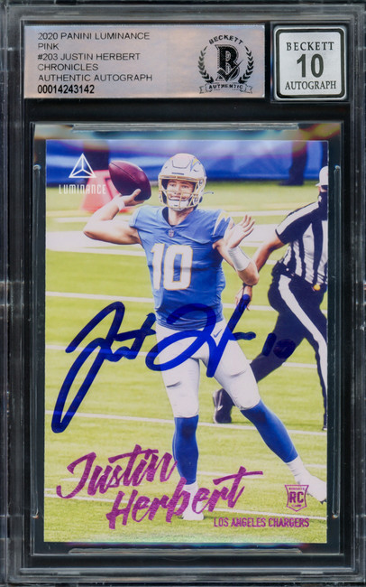 Justin Herbert Autographed 2020 Panini Luminance Pink Parallel Rookie Card #203 Los Angeles Chargers Auto Grade Gem Mint 10 Beckett BAS #14243142