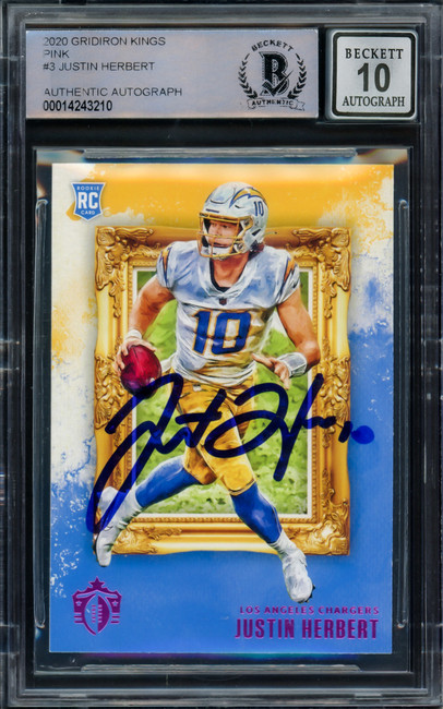 Justin Herbert Autographed 2020 Panini Chronicles Gridiron Kings Pink Rookie Card #GK-3 Los Angeles Chargers Auto Grade Gem Mint 10 Beckett BAS #14243210