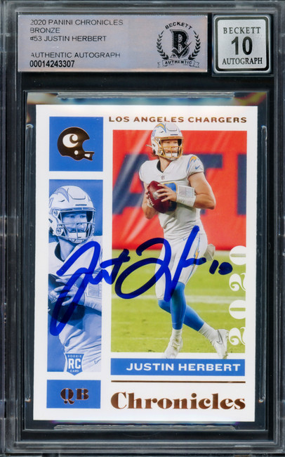 Justin Herbert Autographed 2020 Panini Chronicles Bronze Parallel Rookie Card #53 Los Angeles Chargers Auto Grade Gem Mint 10 Beckett BAS #14243307