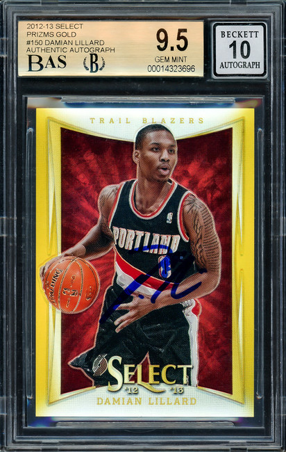 Damian Lillard Autographed 2012-13 Select Gold Prizms Rookie Card #150 Portland Trail Blazers BGS 9.5 Auto Grade Gem Mint 10 #5/10 Beckett BAS #14323696