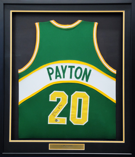 Seattle Supersonics Gary Payton Autographed Framed Green Jersey Beckett BAS Stock #206946