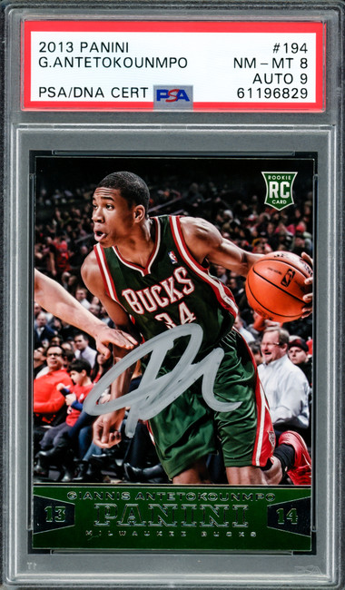 Giannis Antetokounmpo Autographed 2013 Panini Rookie Card #194 Milwaukee Bucks PSA 8 Auto Grade Mint 9 PSA/DNA #61196829