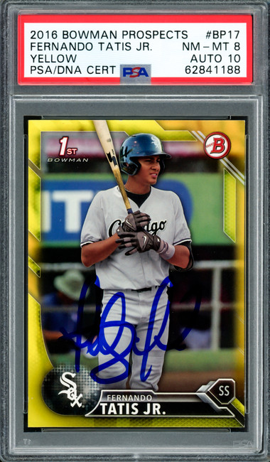 Fernando Tatis Jr. Autographed 2016 Bowman Prospects Yellow Rookie Card #BP17 San Diego Padres PSA 8 Auto Grade Gem Mint 10 PSA/DNA #62841188