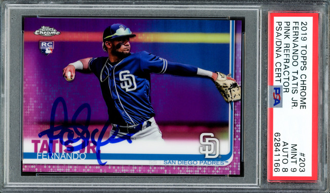 Fernando Tatis Jr. Autographed 2019 Topps Chrome Pink Refractor Rookie Card #203 San Diego Padres PSA 9 Auto Grade Near Mint/Mint 8 PSA/DNA #62841166