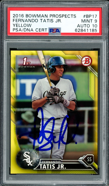 Fernando Tatis Jr. Autographed 2016 Bowman Prospects Yellow Rookie Card #BP17 San Diego Padres PSA 9 Auto Grade Gem Mint 10 PSA/DNA #62841185