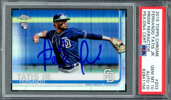 Fernando Tatis Jr. Autographed 2019 Topps Chrome Prism Refractor Rookie Card #203 San Diego Padres PSA 10 Auto Grade Gem Mint 10 PSA/DNA #62841156