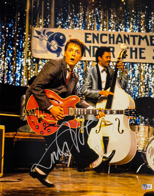 Michael J. Fox Autographed 16x20 Photo Back To The Future Guitar Beckett BAS QR Stock #209148