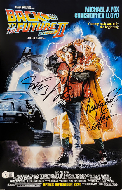 Michael J. Fox & Christopher Lloyd Autographed Back To The Future Part II 2 11x17 Movie Poster Beckett BAS Witness Stock #209149