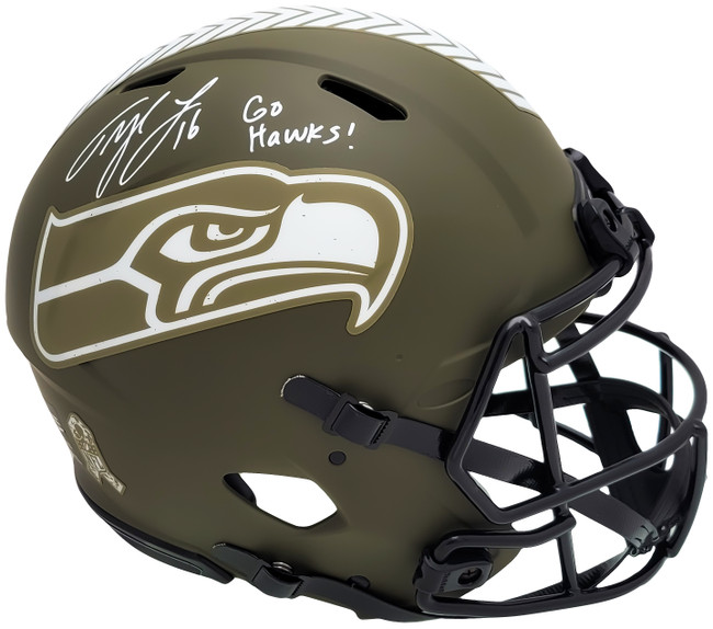 Tyler Lockett Autographed Seattle Seahawks Army Green Salute To Service Full Size Authentic Speed Helmet "Go Hawks" MCS Holo Stock #209183