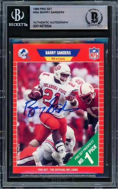 Barry Sanders Autographed 1989 Pro Set Rookie Card #494 Detroit Lions Beckett BAS #14879504