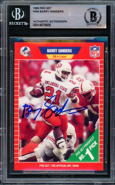 Barry Sanders Autographed 1989 Pro Set Rookie Card #494 Detroit Lions Beckett BAS #14879505