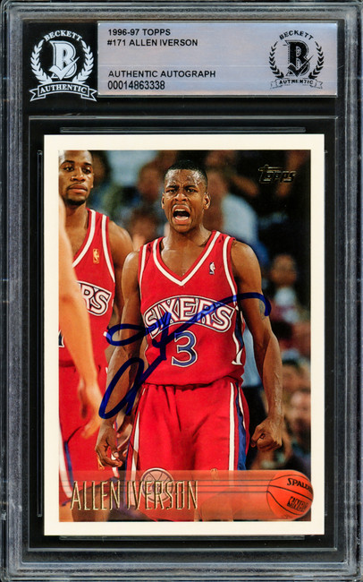 Allen Iverson Autographed 1996-97 Topps Rookie Card #171 Philadelphia 76ers Beckett BAS Stock #209780