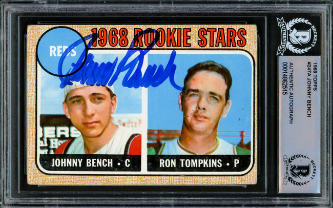 Johnny Bench Autographed 1968 Topps Rookie Card #247 Cincinnati Reds (Off Condition) Beckett BAS #14962515