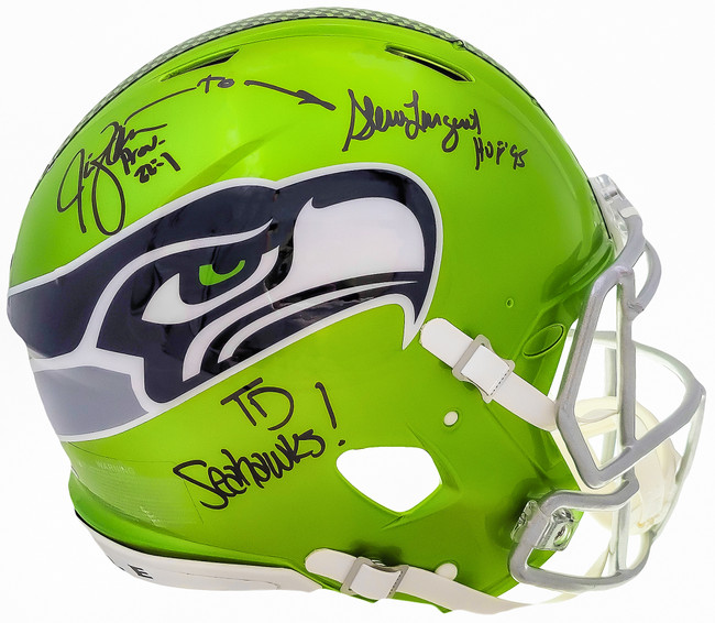 Steve Largent & Jim Zorn Autographed Seattle Seahawks Flash Green Full Size Authentic Speed Helmet "TD Seahawks!" MCS Holo Stock #210448