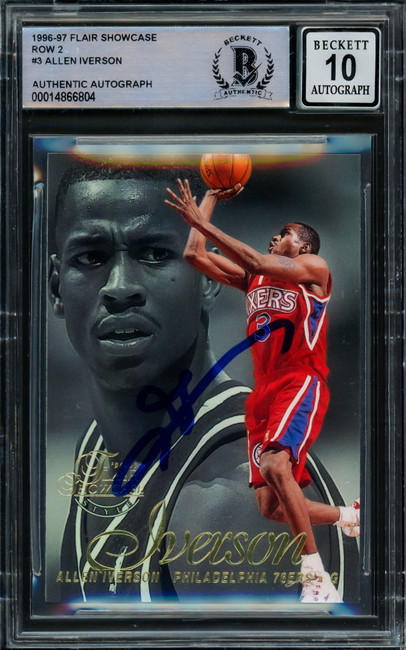 Allen Iverson Autographed 1996-97 Flair Showcase Rookie Card #Row 2 Philadelphia 76ers Auto Grade Gem Mint 10 Beckett BAS #14866804