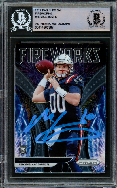 Mac Jones Autographed 2021 Panini Prizm Fireworks Rookie Card #F-25 New England Patriots Beckett BAS #14860967