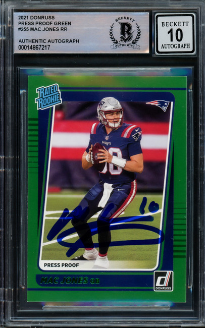 Mac Jones Autographed 2021 Donruss Rated Rookie Green Press Proof Rookie Card #255 New England Patriots Auto Grade Gem Mint 10 Beckett BAS #14867217