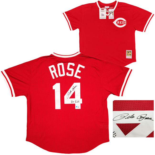 Cincinnati Reds Pete Rose Autographed Red Authentic Mitchell & Ness Cooperstown Authentic Collection Jersey Size XL "Hit King" Beckett BAS Witness Stock #210825