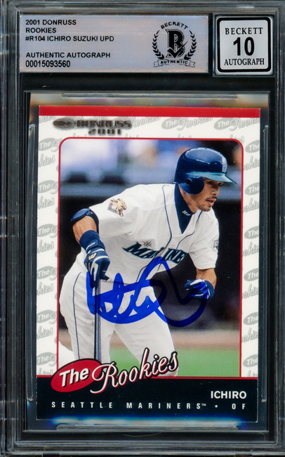 Ichiro Suzuki Autographed 2001 Donruss Rookies Rookie Card #R104 Seattle Mariners Auto Grade Gem Mint 10 Beckett BAS #15093560