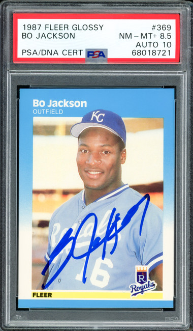 Bo Jackson Autographed 1987 Fleer Glossy Rookie Card #369 Kansas City Royals PSA 8.5 Auto Grade Gem Mint 10 PSA/DNA #68018721