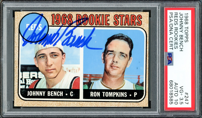 Johnny Bench Autographed 1968 Topps Rookie Card #247 New York Mets PSA 3.5 Auto Grade Gem Mint 10 PSA/DNA #68018585