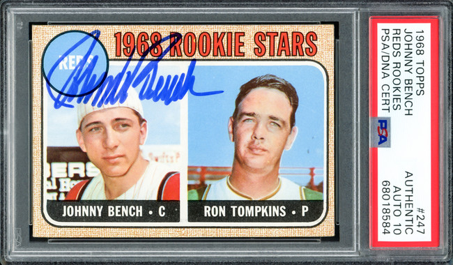 Johnny Bench Autographed 1968 Topps Rookie Card #247 New York Mets Auto Grade Gem Mint 10 PSA/DNA #68018584