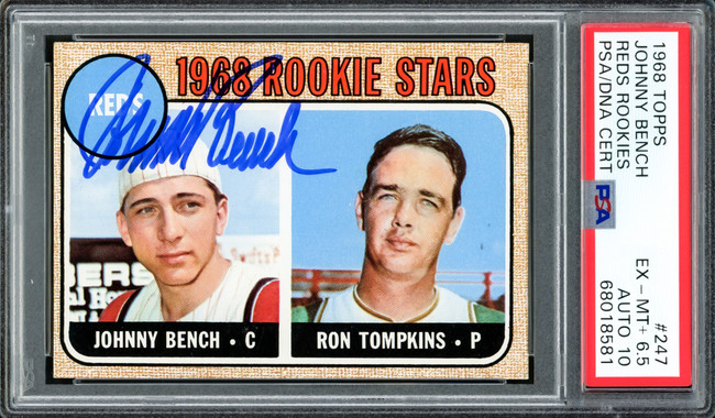 Johnny Bench Autographed 1968 Topps Rookie Card #247 New York Mets PSA 6.5 Auto Grade Gem Mint 10 PSA/DNA #68018581