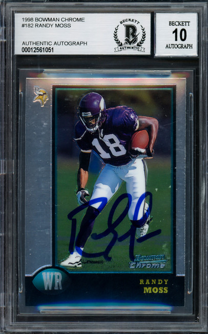 Randy Moss Autographed 1998 Bowman Chrome Rookie Card #182 Minnesota Vikings Auto Grade Gem Mint 10 Beckett BAS #12561051