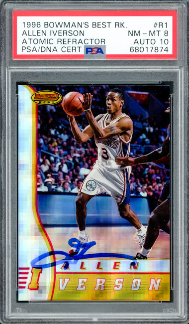 Allen Iverson Autographed 1996-97 Bowman's Best Atomic Refractor Rookie Card #R1 Philadelphia 76ers PSA 8 Auto Grade Gem Mint 10 PSA/DNA #68017874