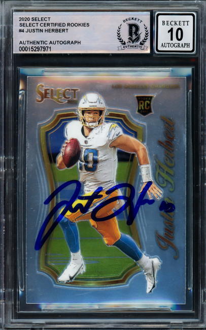 Justin Herbert Autographed 2020 Select Certified Rookie Card #4 Los Angeles Chargers Auto Grade Gem Mint 10 Beckett BAS #15297971