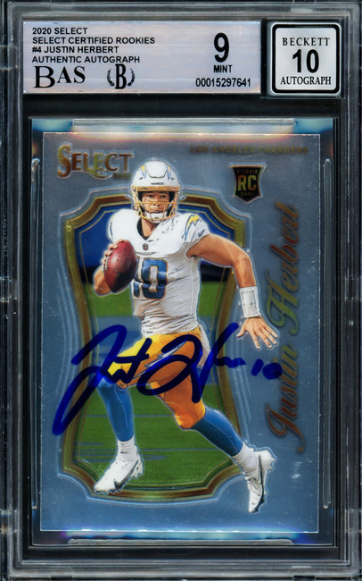 Justin Herbert Autographed 2020 Select Certified Rookie Card #4 Los Angeles Chargers BGS 9 Auto Grade Gem Mint 10 Beckett BAS #15297641