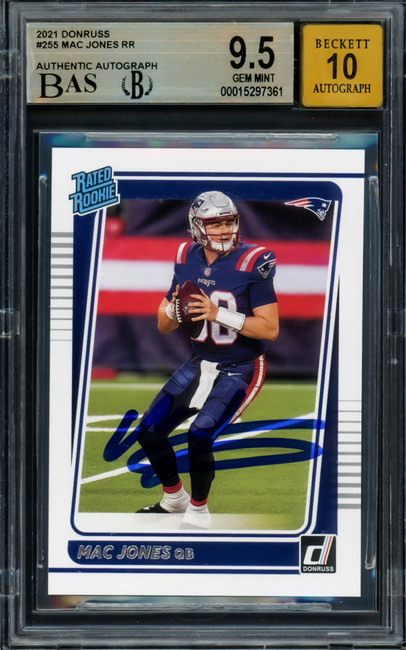 Mac Jones Autographed 2021 Donruss Rated Rookie Card #255 New England Patriots BGS 9.5 Auto Grade Gem Mint 10 Beckett BAS Stock #211836