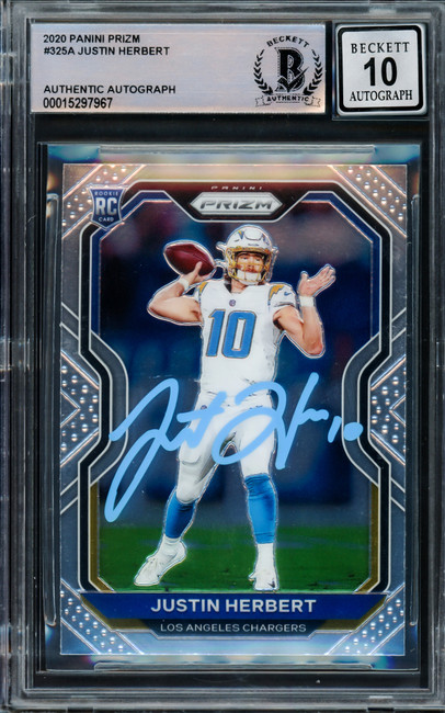 Justin Herbert Autographed 2020 Panini Prizm Rookie Card #325 Los Angeles Chargers Auto Grade Gem Mint 10 Light Blue Beckett BAS #15297967