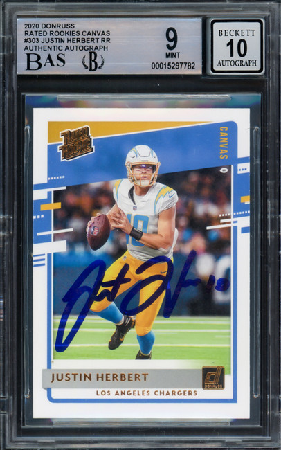 Justin Herbert Autographed 2020 Donruss Rated Rookie Canvas Rookie Card #303 Los Angeles Chargers BGS 9 Auto Grade Gem Mint 10 Beckett BAS #15297782