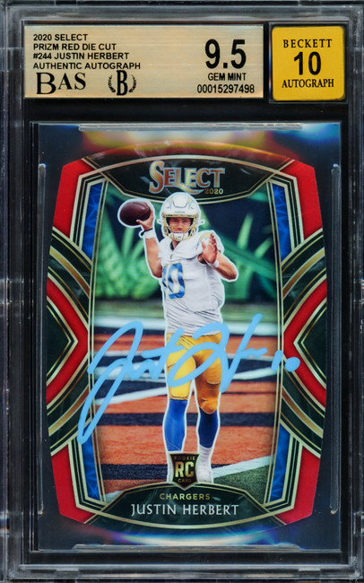 Justin Herbert Autographed 2020 Select Prizm Red Die Cut Rookie Card #244 Los Angeles Chargers BGS 9.5 Auto Grade Gem Mint 10 Beckett BAS #15297498