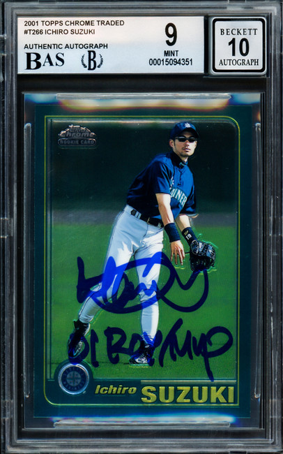 Ichiro Suzuki Autographed 2001 Topps Chrome Traded Rookie Card #T266 Seattle Mariners BGS 9 Auto Grade Gem Mint 10 "01 ROY/MVP" Beckett BAS #15094351