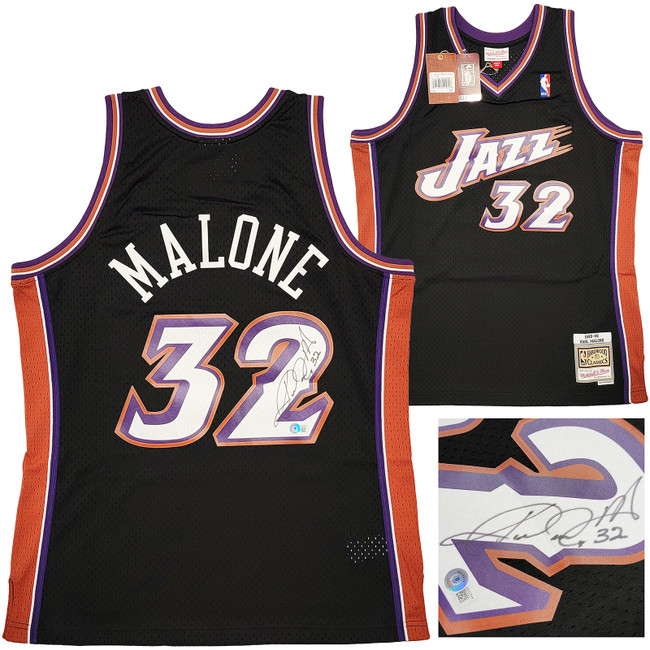 Utah Jazz Karl Malone Autographed Black Authentic Mitchell & Ness Jersey Size L Beckett BAS Witness Stock #211878